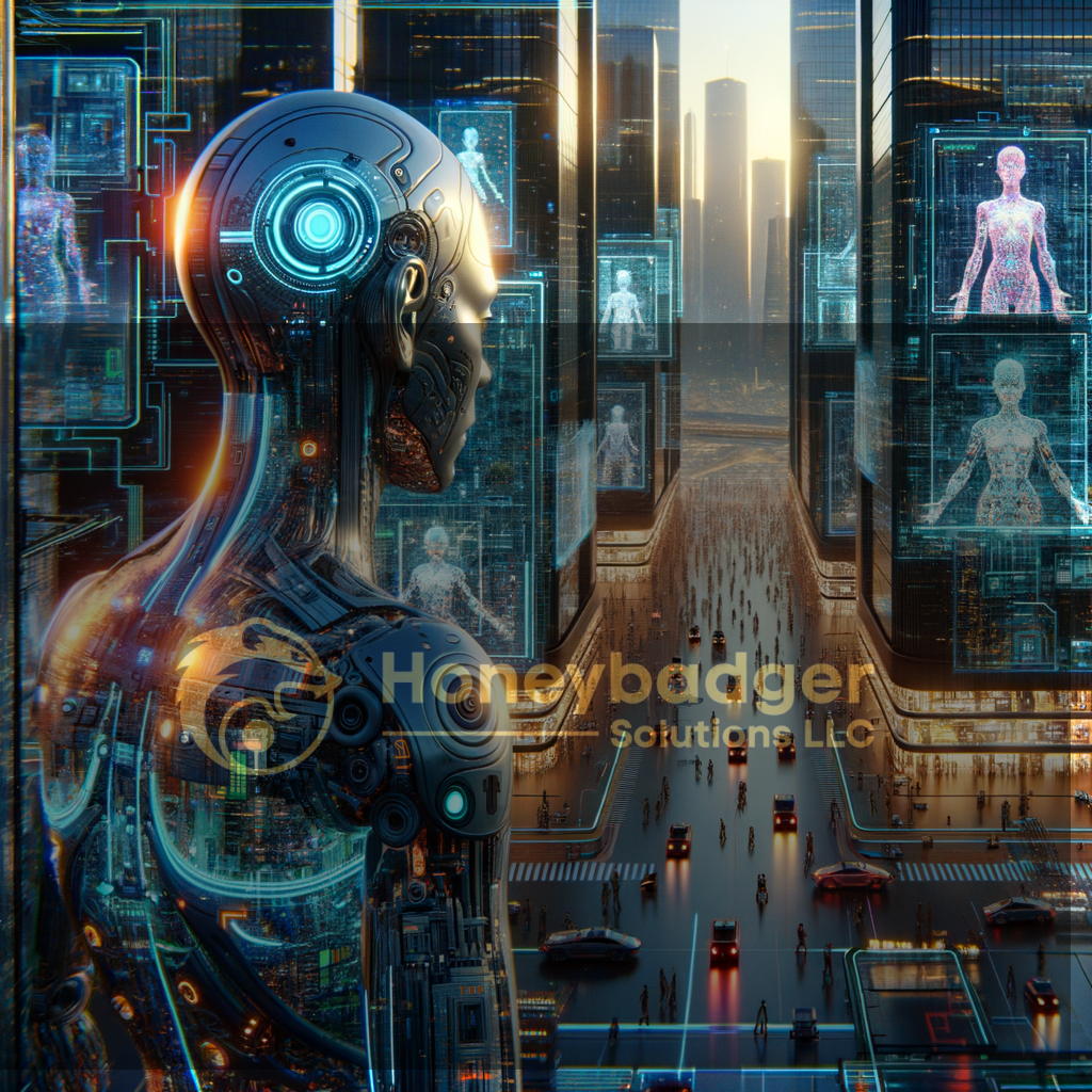 A cybernetic figure overlooking a futuristic city with digital displays and busy streets.