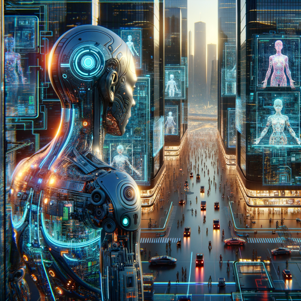 A cybernetic figure overlooking a futuristic city with digital displays and busy streets.