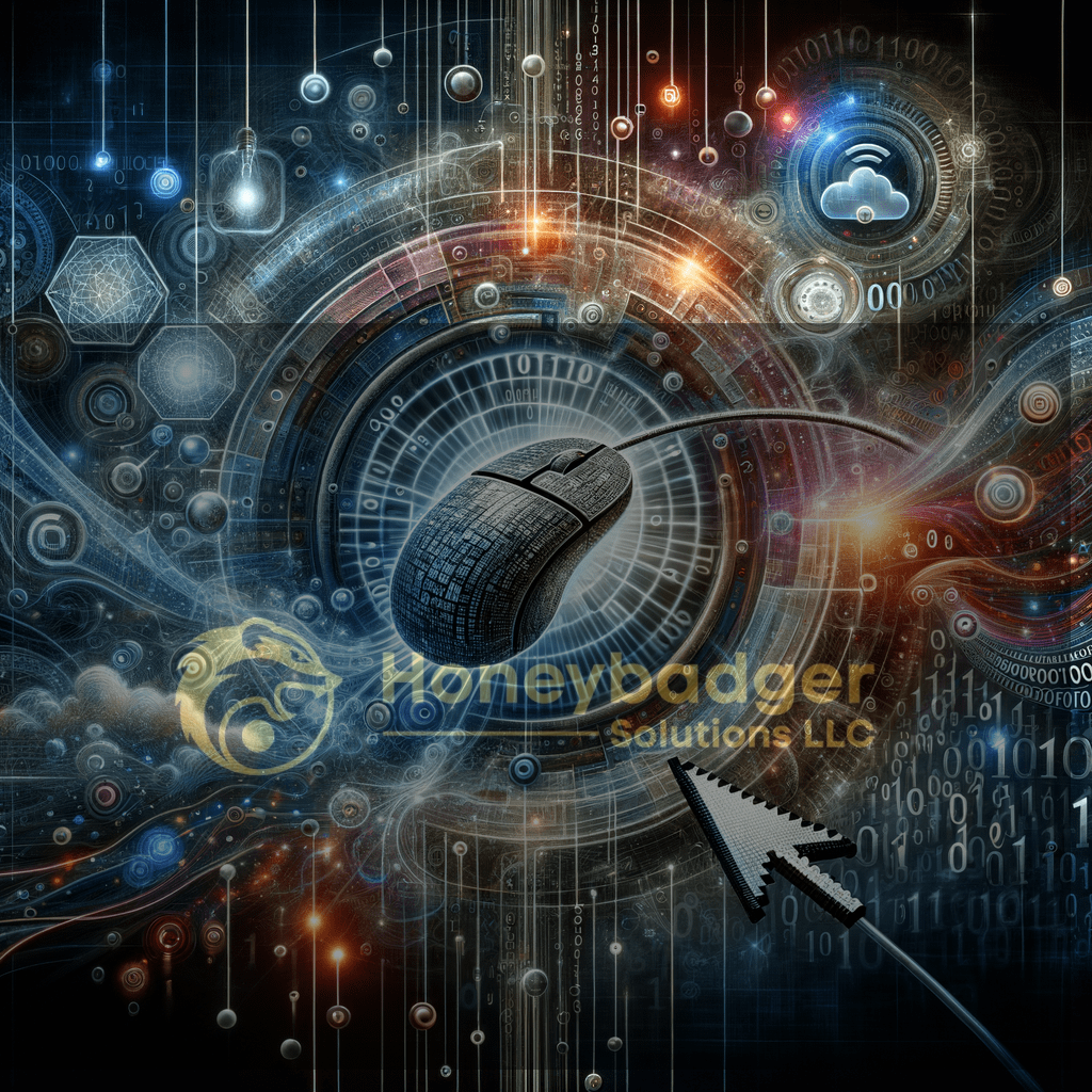 A computer mouse surrounded by a digital abstract background featuring various icons and symbols.