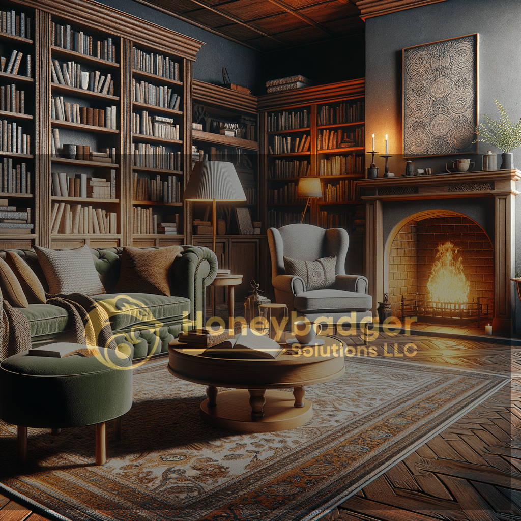 A cozy living room featuring bookshelves filled with books, a fireplace, and comfortable seating arrangements.