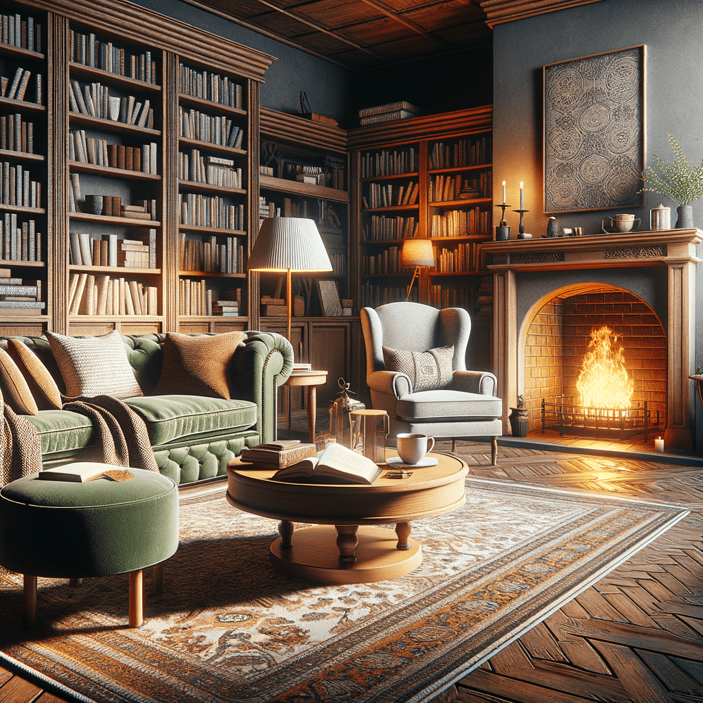 A cozy living room featuring bookshelves filled with books, a fireplace, and comfortable seating arrangements.