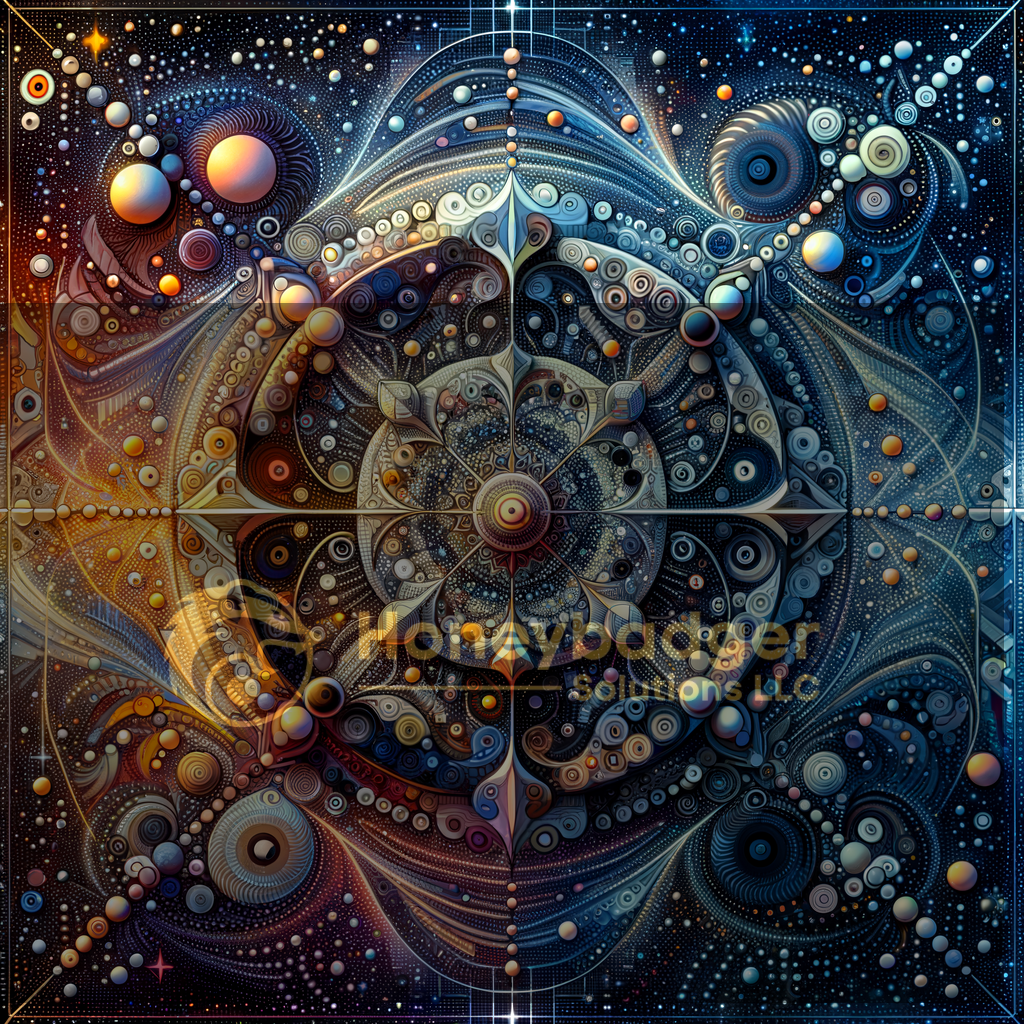 Intricate abstract design featuring circular patterns and cosmic elements in vibrant colors.