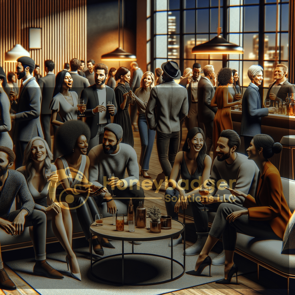 A lively social gathering in a modern lounge with people enjoying drinks and conversations.