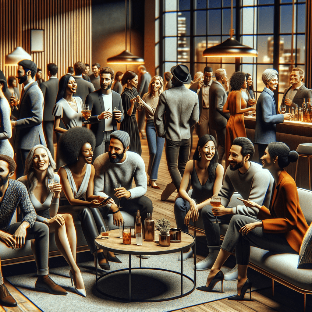 A lively social gathering in a modern lounge with people enjoying drinks and conversations.