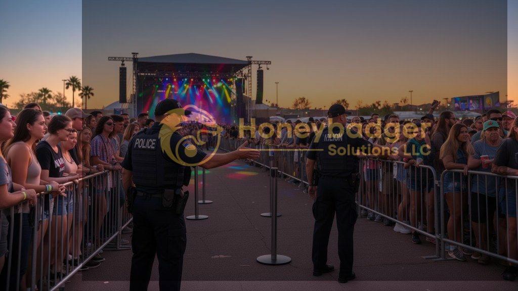 Two police officers managing crowd control at a concert event during sunset.