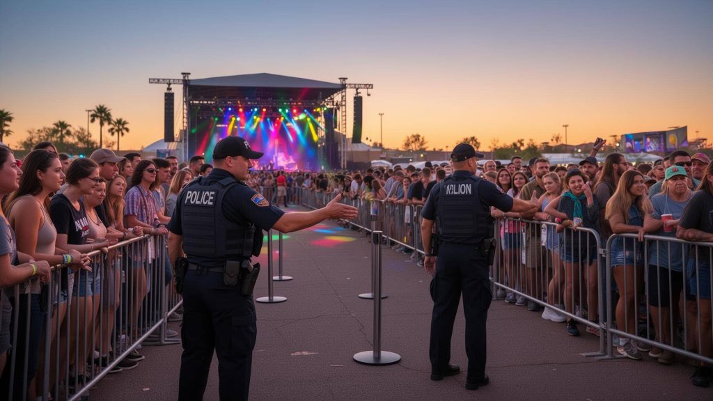 Two police officers managing crowd control at a concert event during sunset.
