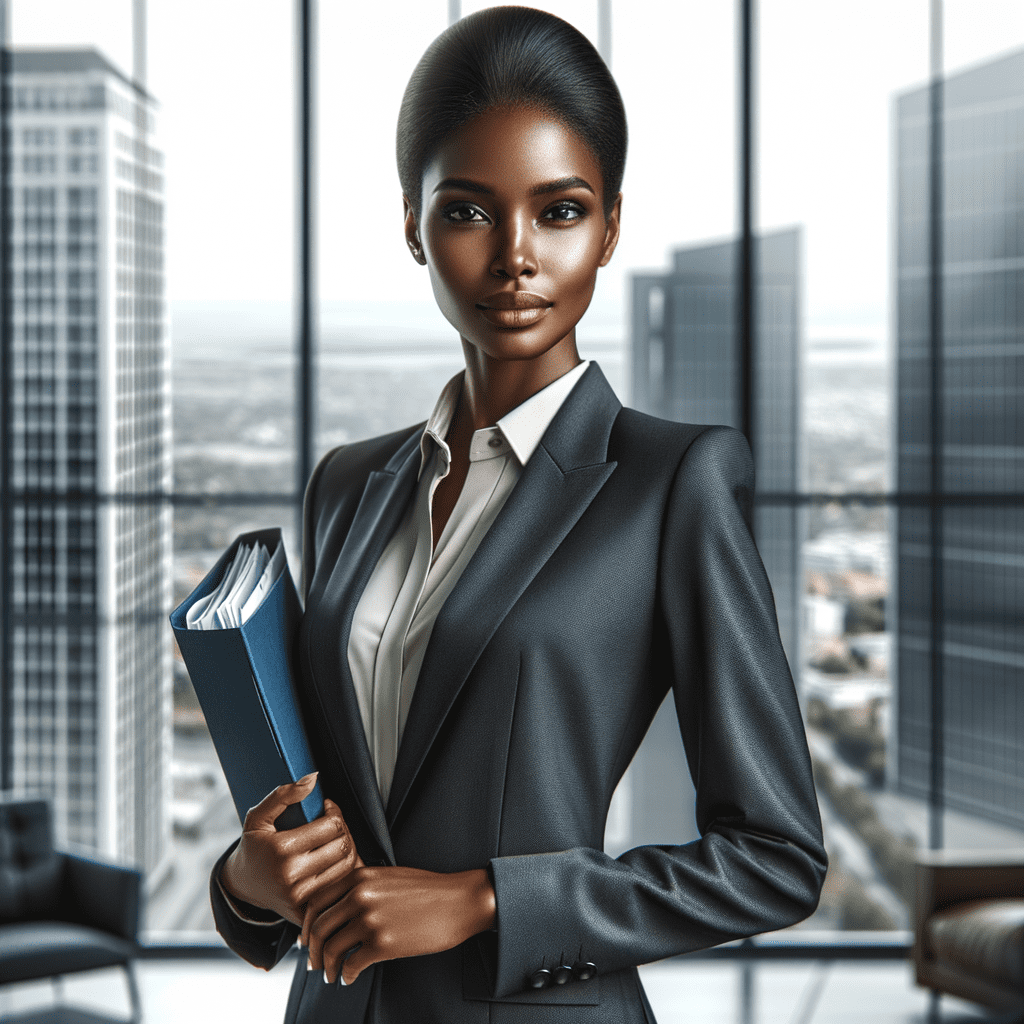 A business executive holding a blue folder, dressed in a dark suit, standing in an office environment.