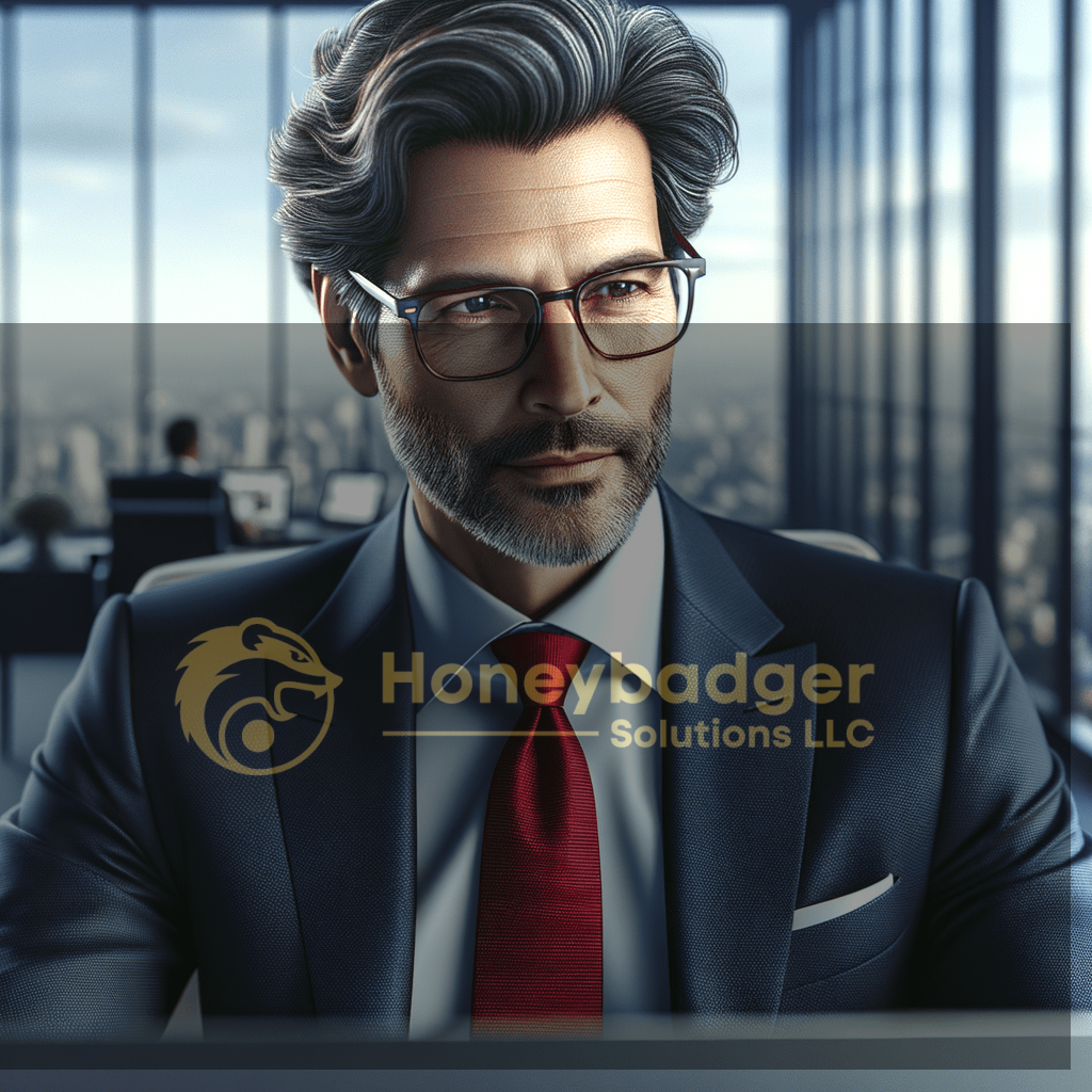 Man in a suit and glasses seated at a desk, looking thoughtfully at a computer screen in an office setting.