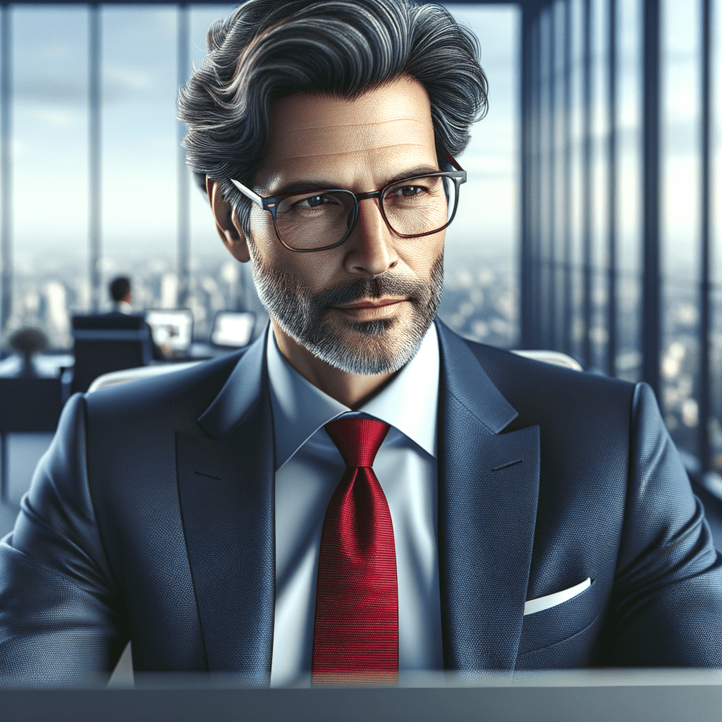 Man in a suit and glasses seated at a desk, looking thoughtfully at a computer screen in an office setting.