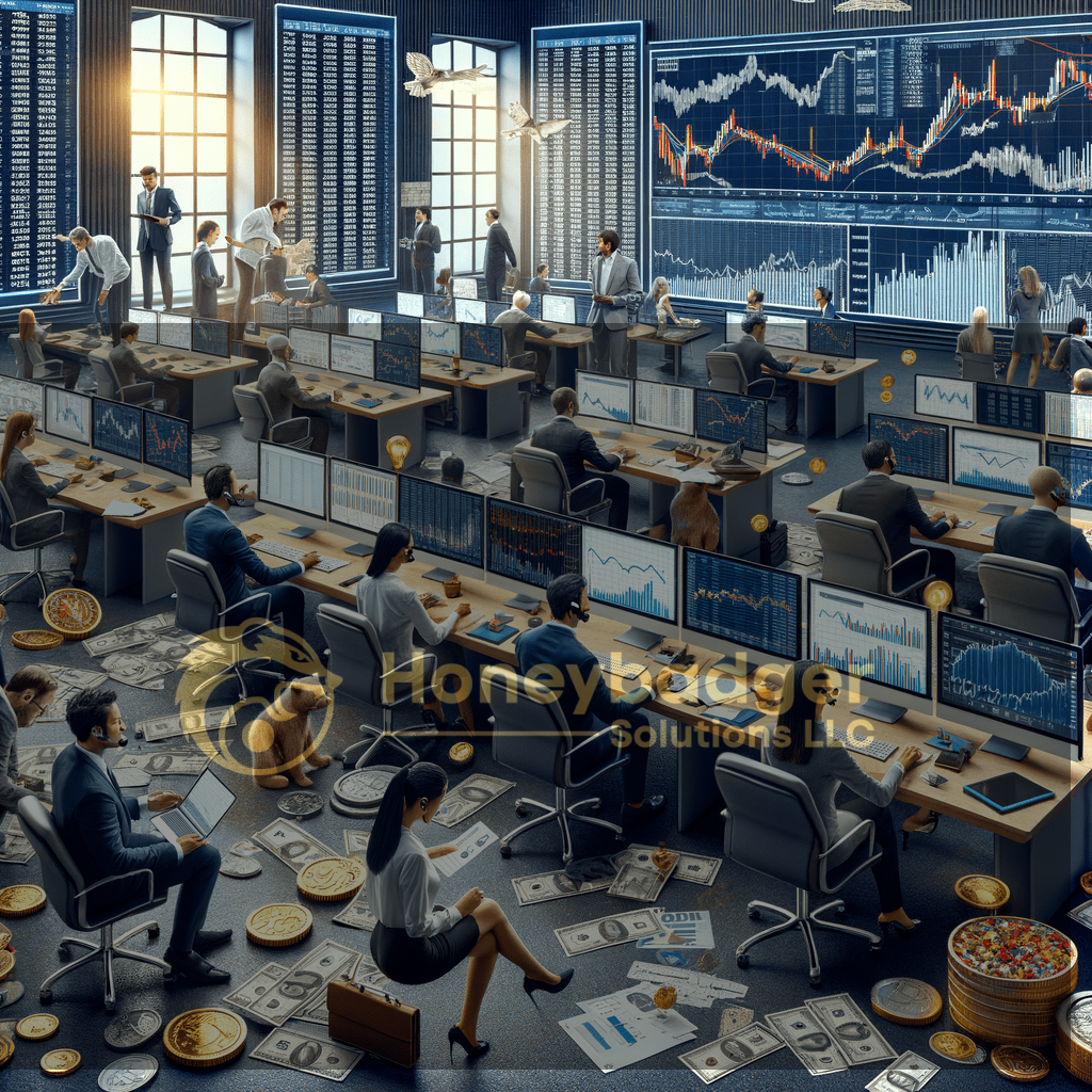 A bustling financial trading floor with multiple monitors displaying stock market data and currency.