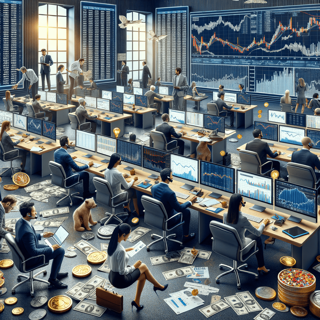 A bustling financial trading floor with multiple monitors displaying stock market data and currency.