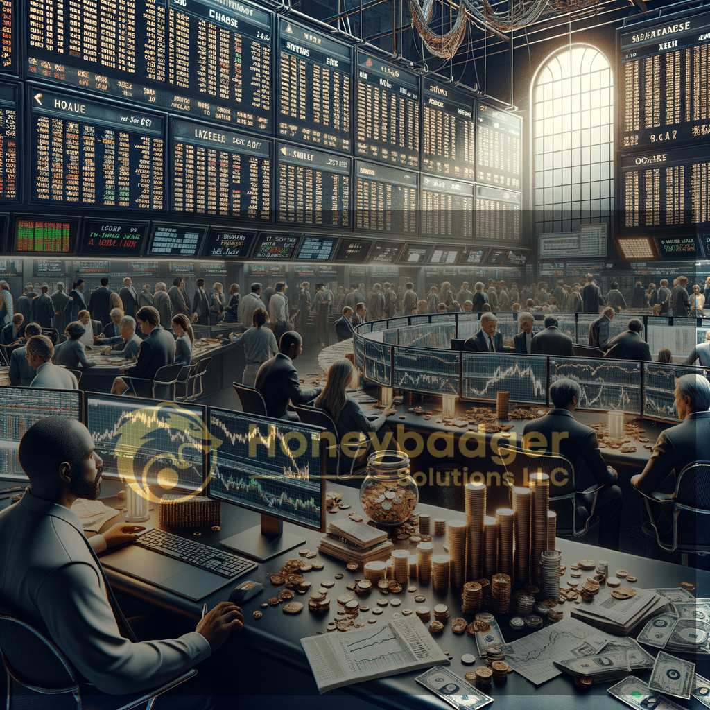 A busy financial trading floor with multiple monitors displaying stock market data and traders at work.