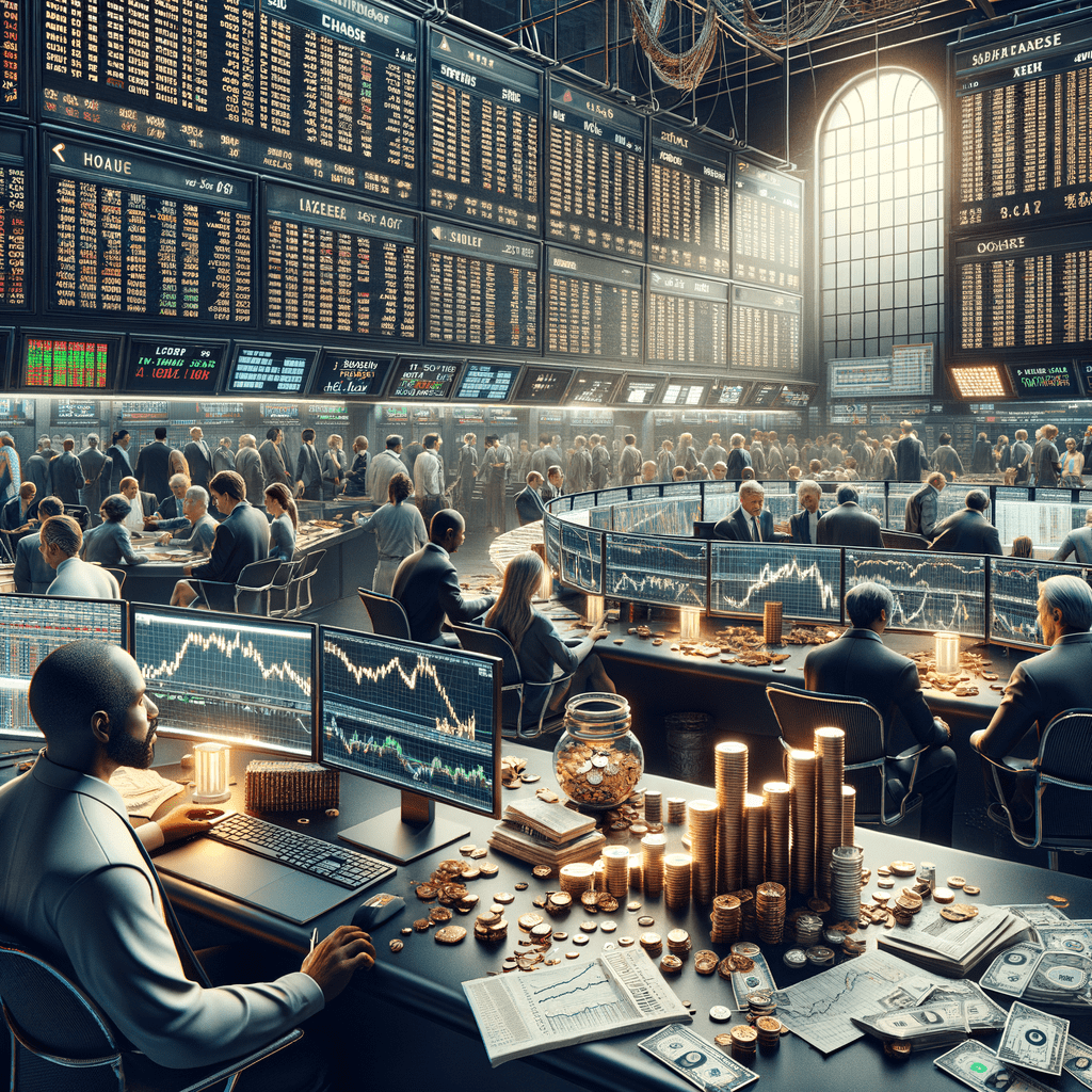 A busy financial trading floor with multiple monitors displaying stock market data and traders at work.