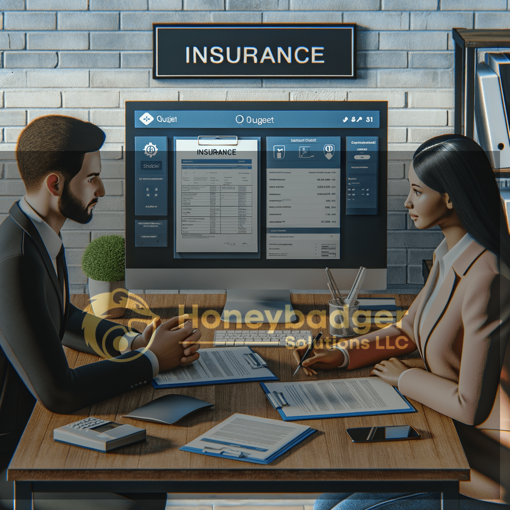 Two professionals discussing insurance solutions at a desk with a computer displaying insurance software.