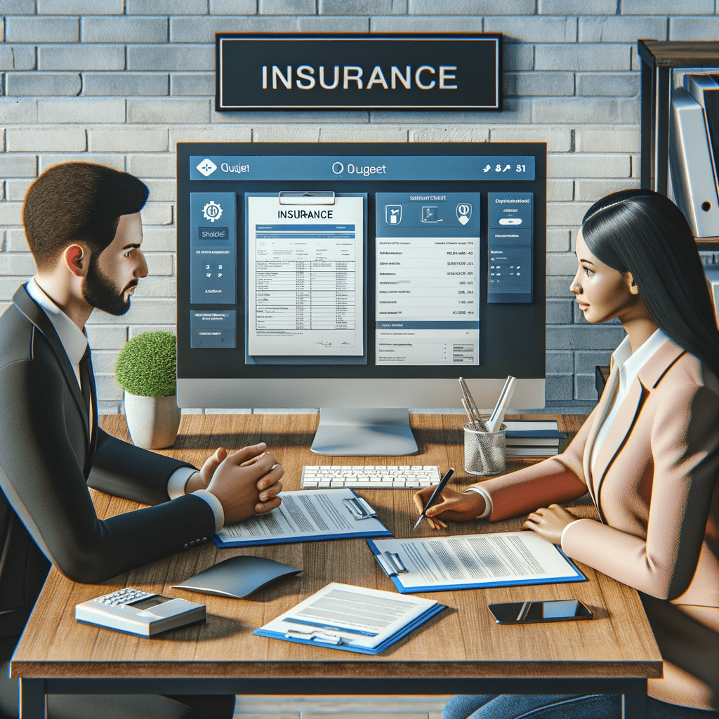 Two professionals discussing insurance solutions at a desk with a computer displaying insurance software.
