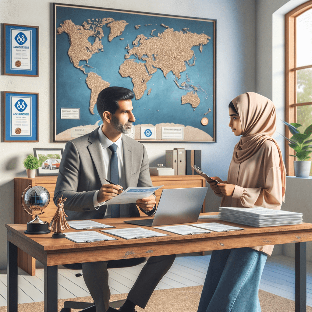 Two professionals engaged in a discussion at a desk with a world map on the wall behind them.