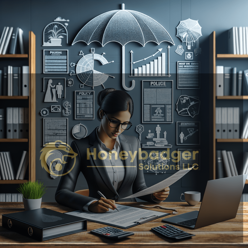 Businesswoman in a suit reviewing documents at a desk with a laptop and calculators in an office setting.