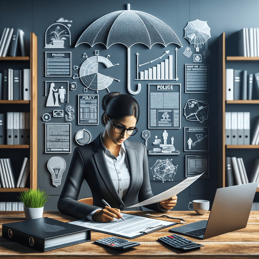 Businesswoman in a suit reviewing documents at a desk with a laptop and calculators in an office setting.