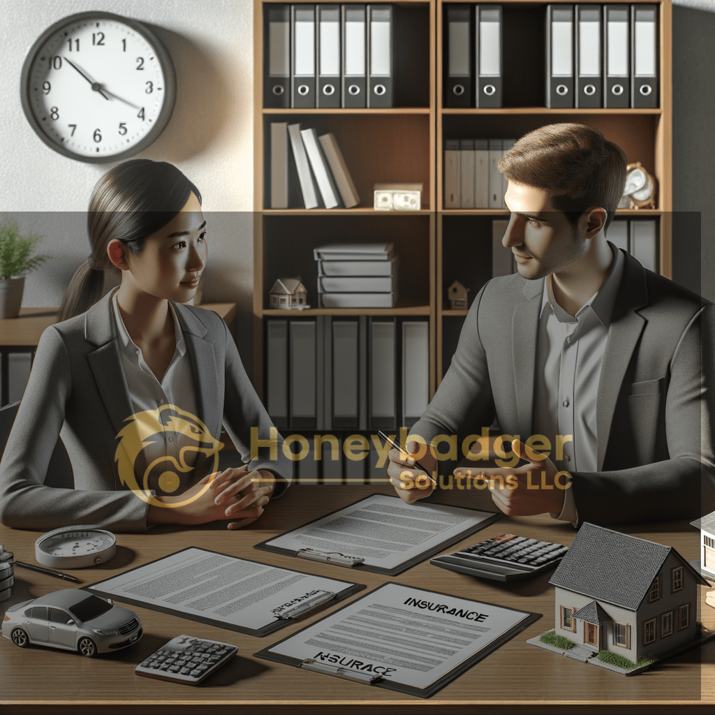 Two professionals discussing insurance documents at a desk with a house model and calculator.