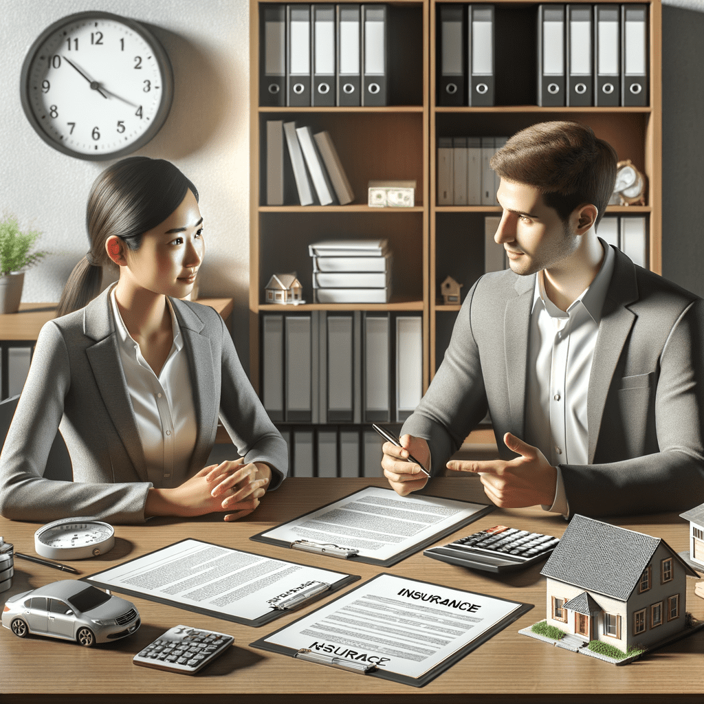 Two professionals discussing insurance documents at a desk with a house model and calculator.