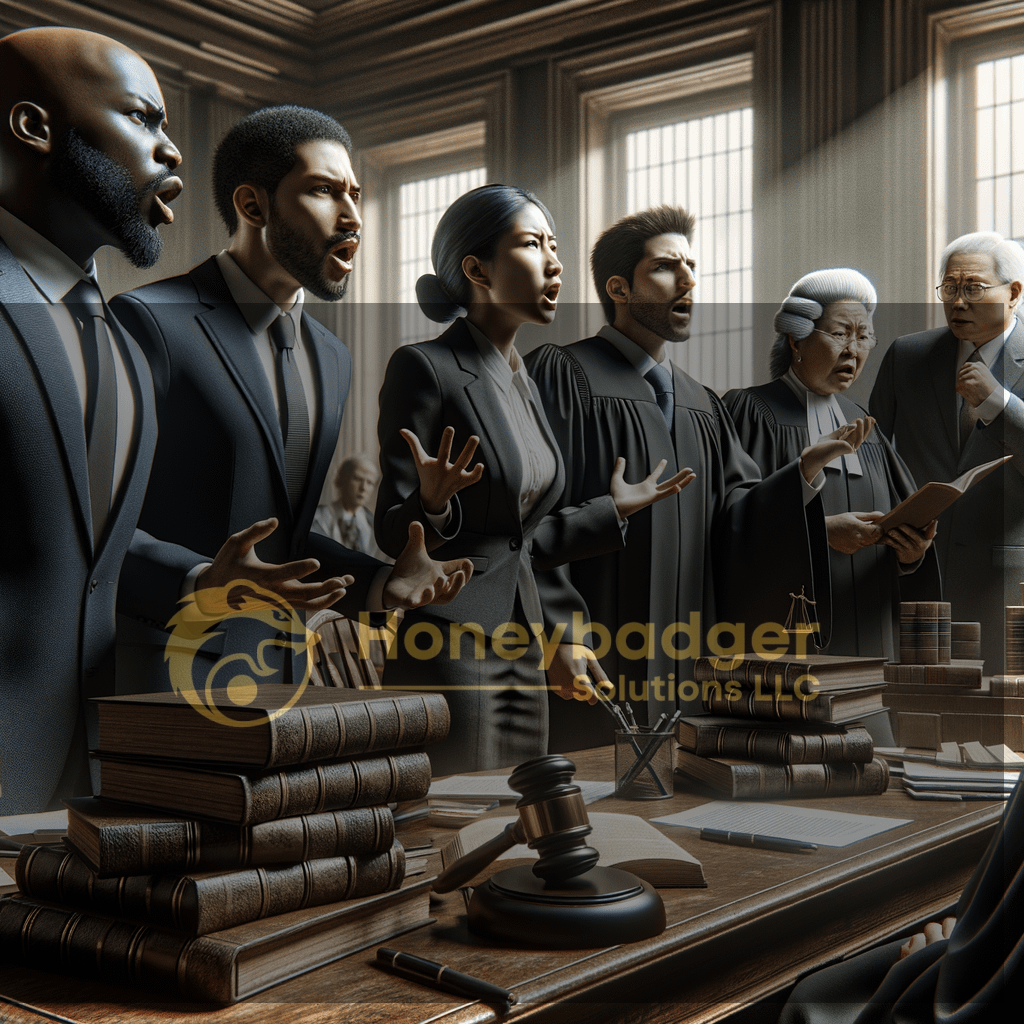 A courtroom scene featuring multiple legal professionals engaged in a discussion with books and a gavel on the table.