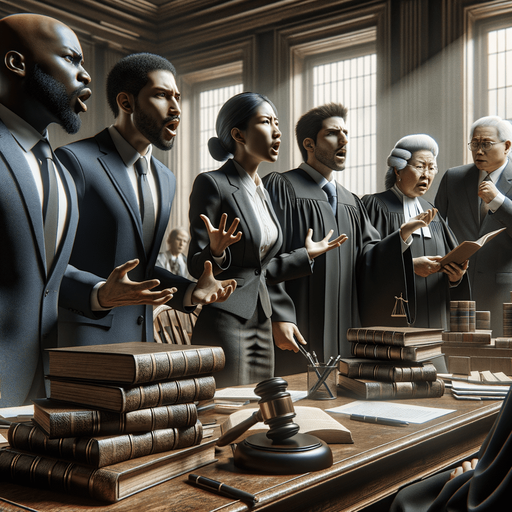 A courtroom scene featuring multiple legal professionals engaged in a discussion with books and a gavel on the table.