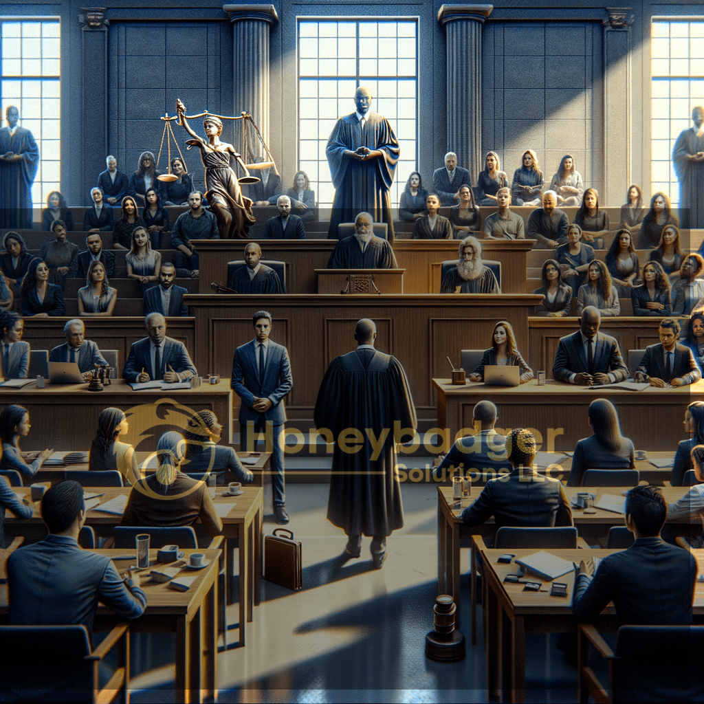 A courtroom scene depicting a judge, jury, and a defendant standing before the court.