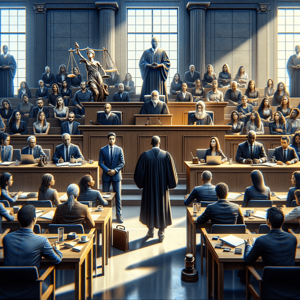 A courtroom scene depicting a judge, jury, and a defendant standing before the court.