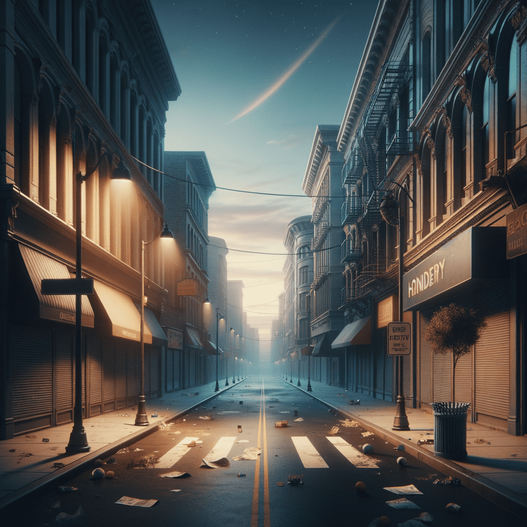 An empty urban street with abandoned buildings and scattered debris in the foreground.