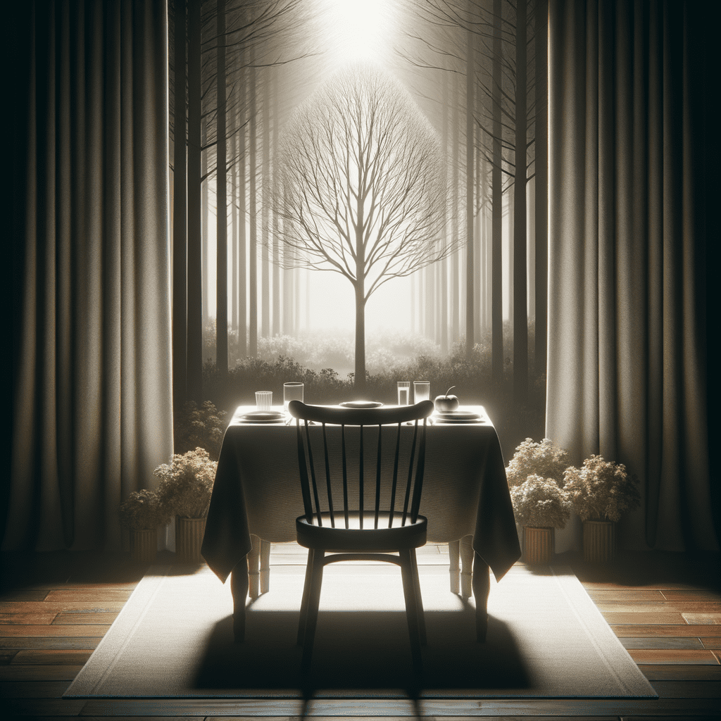 A table set with dining items in front of a tree in a forest-like environment.