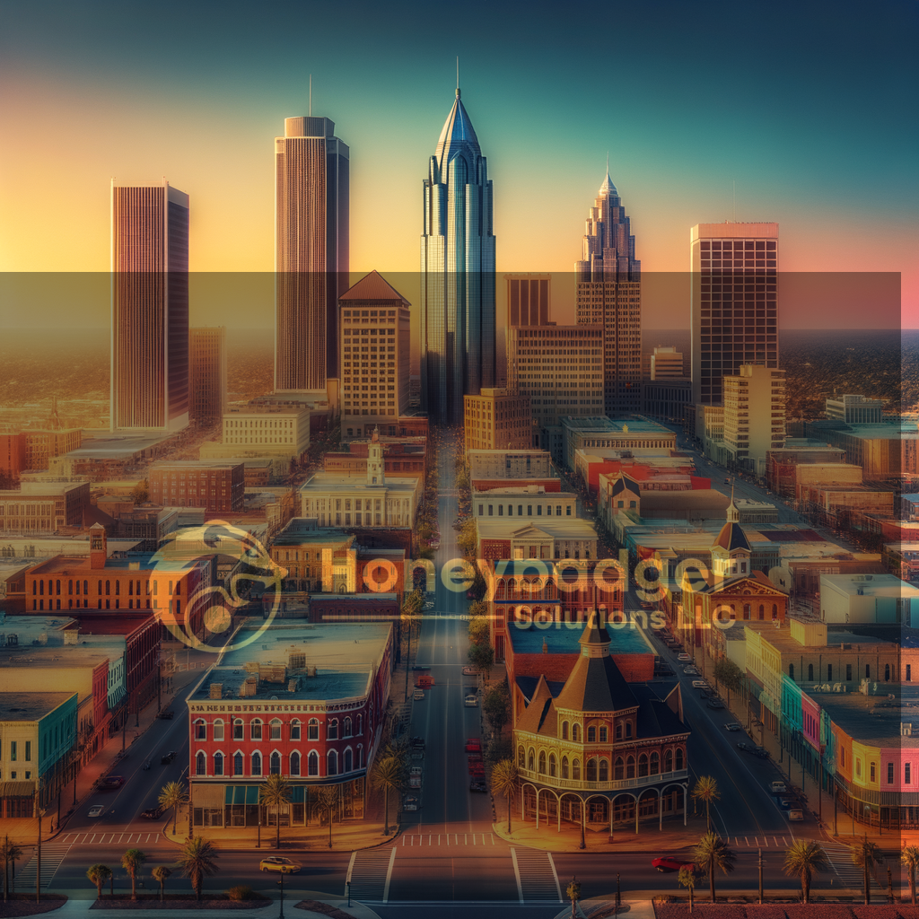 Aerial view of Philadelphia skyline with buildings and streets during sunset.