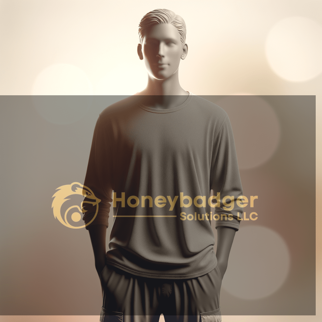 Stylized male figure wearing a long-sleeve shirt and pants, posed against a soft background.