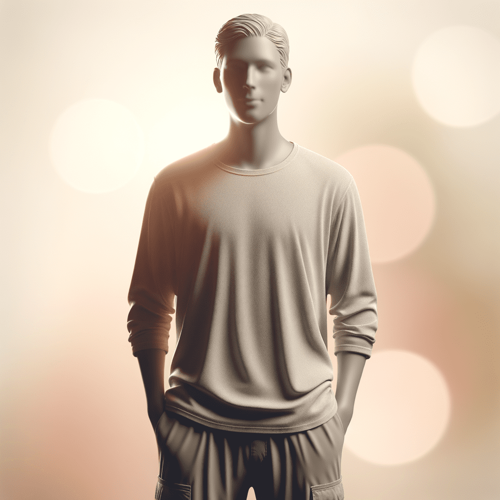 Stylized male figure wearing a long-sleeve shirt and pants, posed against a soft background.