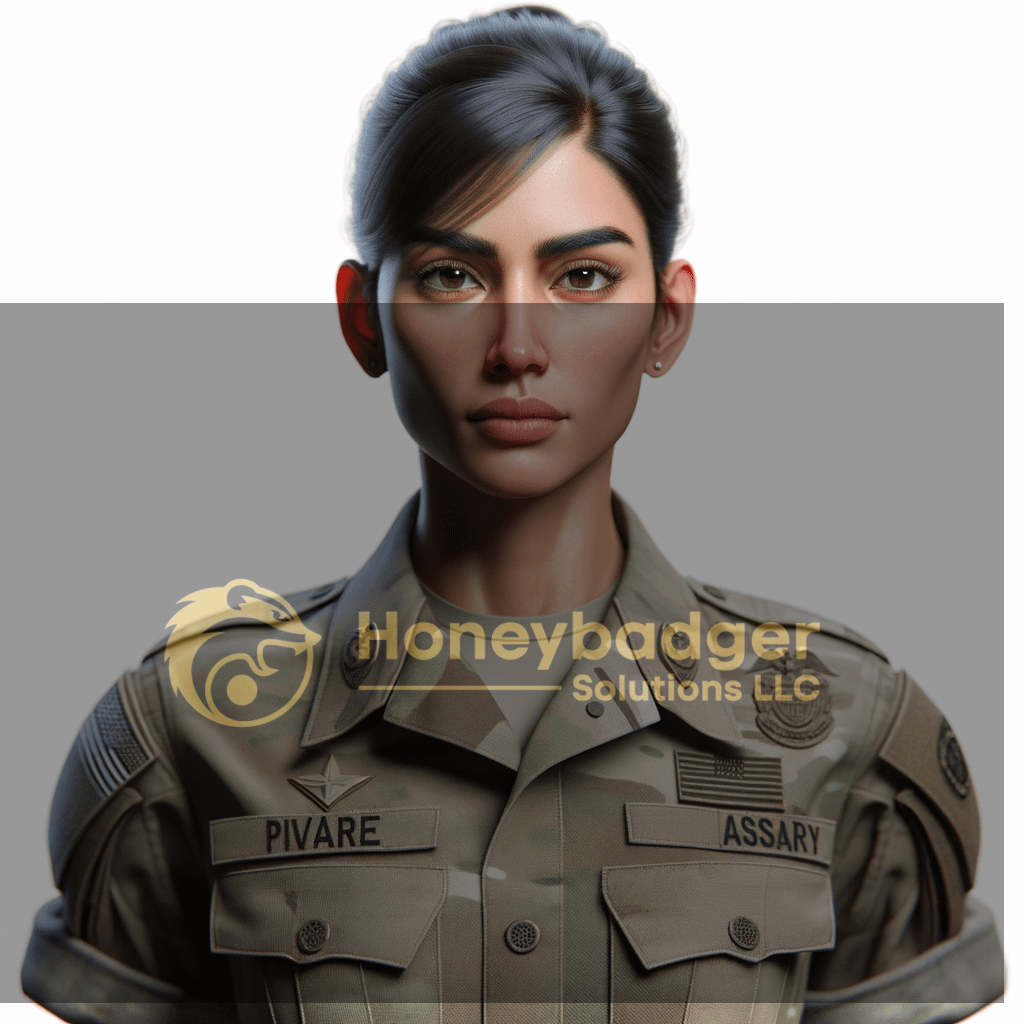 A female military personnel wearing a camouflage uniform with rank insignia and name tags.