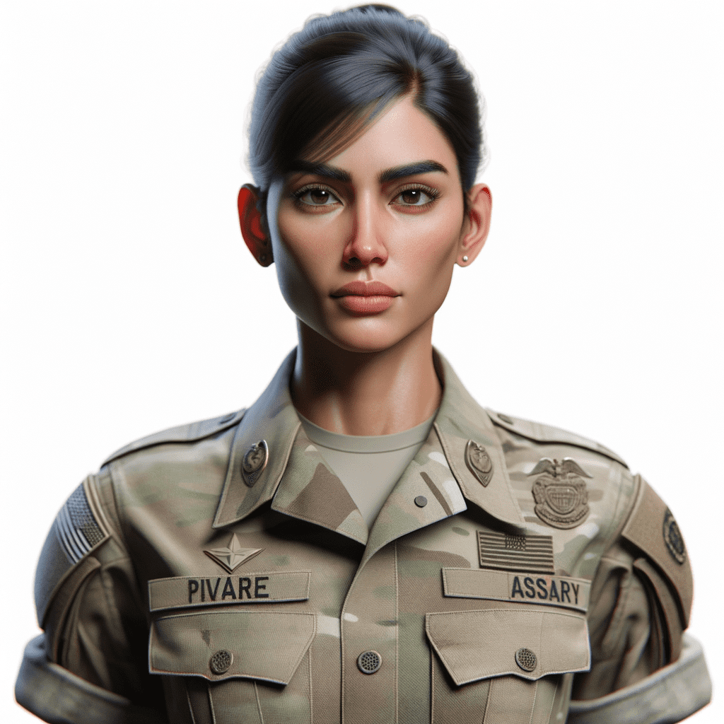 A female military personnel wearing a camouflage uniform with rank insignia and name tags.