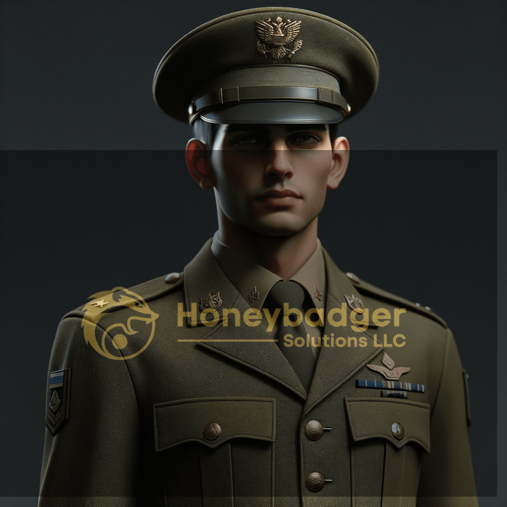 A man dressed in a green military uniform with insignia and a cap, displaying a serious expression.