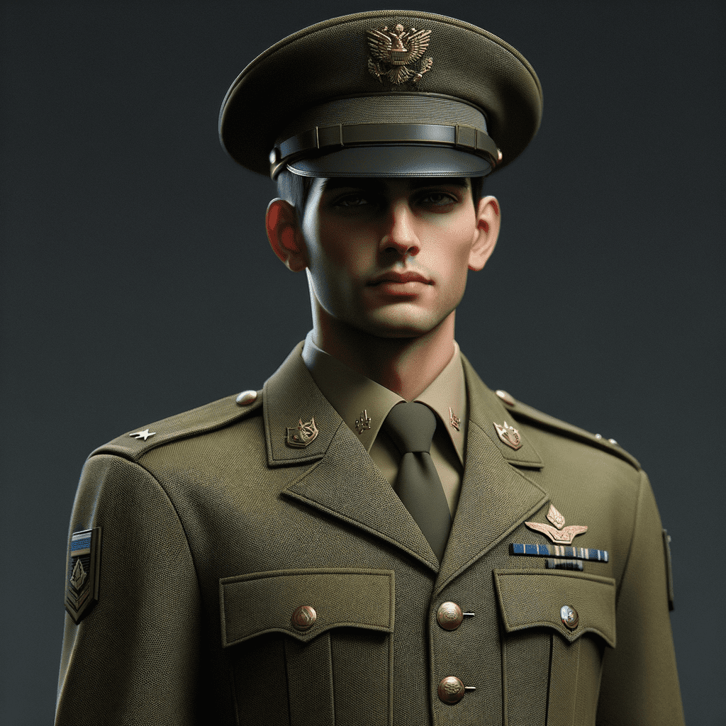 A man dressed in a green military uniform with insignia and a cap, displaying a serious expression.