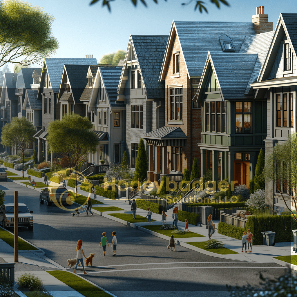 A residential neighborhood featuring a row of houses with various architectural styles and people walking on the street.