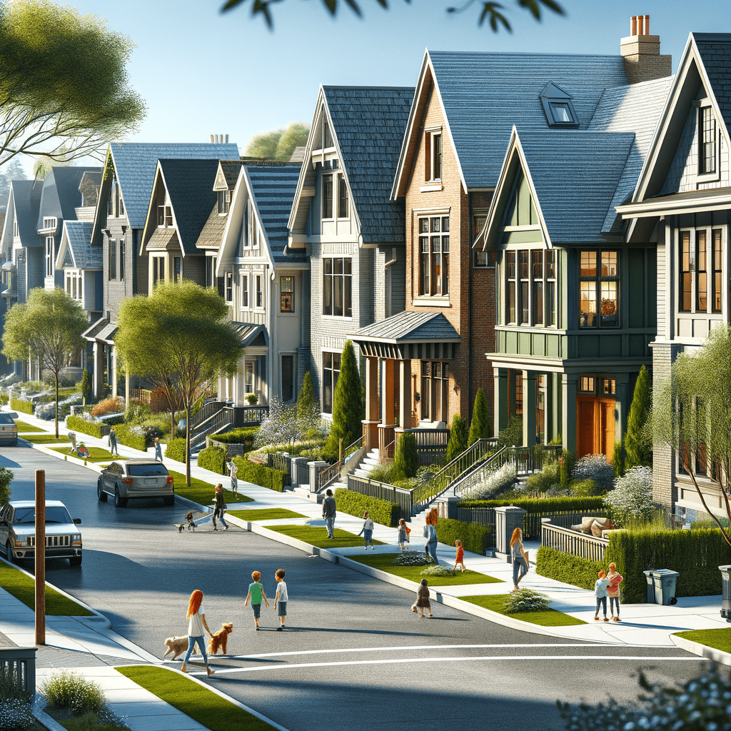 A residential neighborhood featuring a row of houses with various architectural styles and people walking on the street.