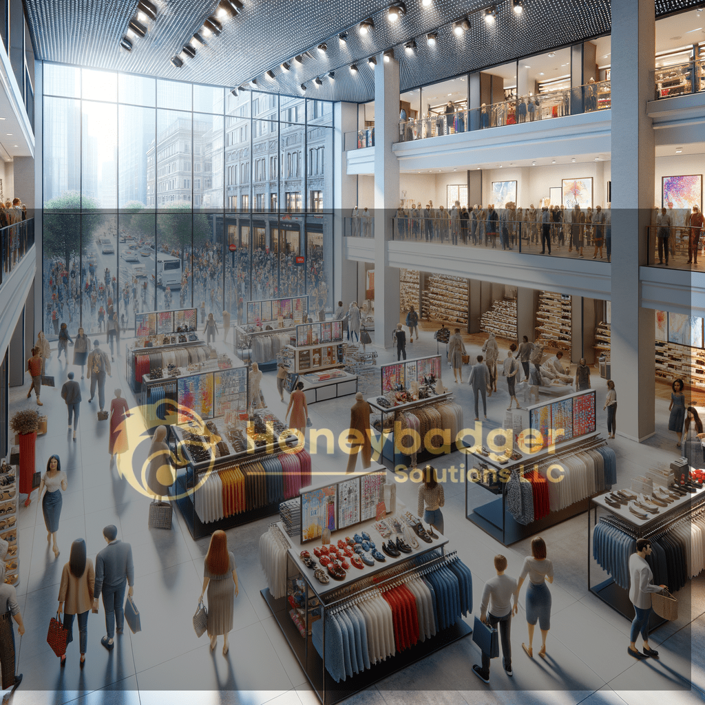 Interior view of a retail store with multiple clothing displays and shoppers browsing.