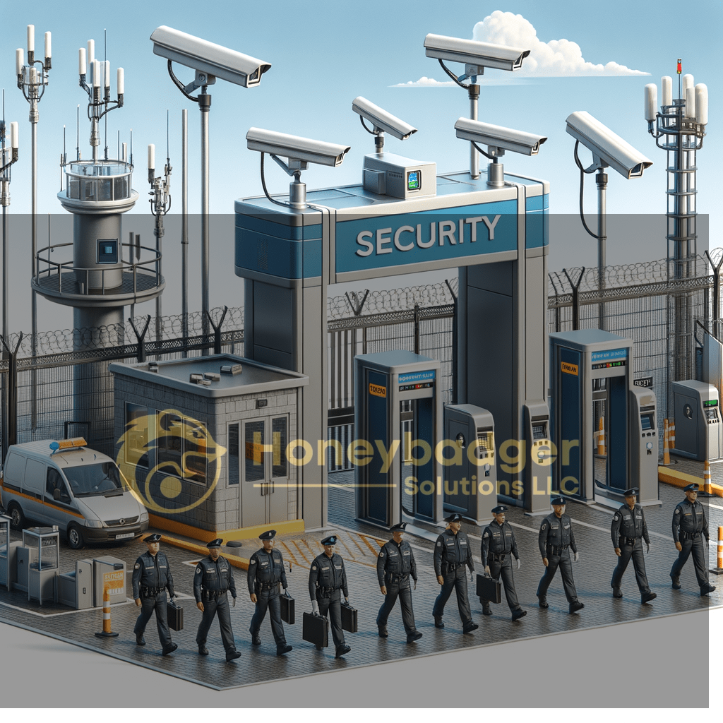 Security checkpoint featuring surveillance cameras, a guard booth, and security personnel in uniform.
