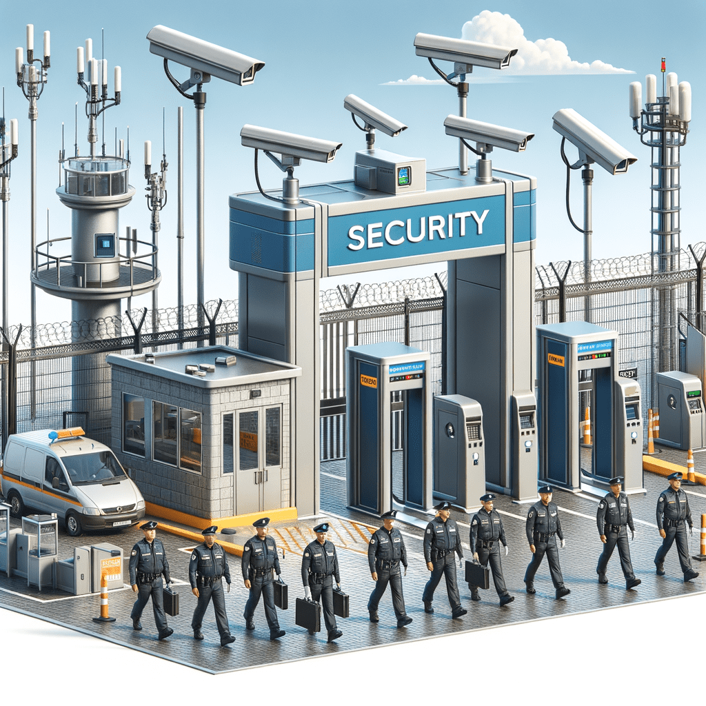 Security checkpoint featuring surveillance cameras, a guard booth, and security personnel in uniform.