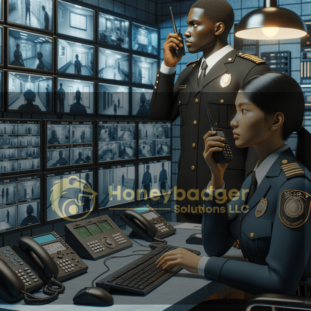 Two security personnel monitoring multiple surveillance screens in a control room.