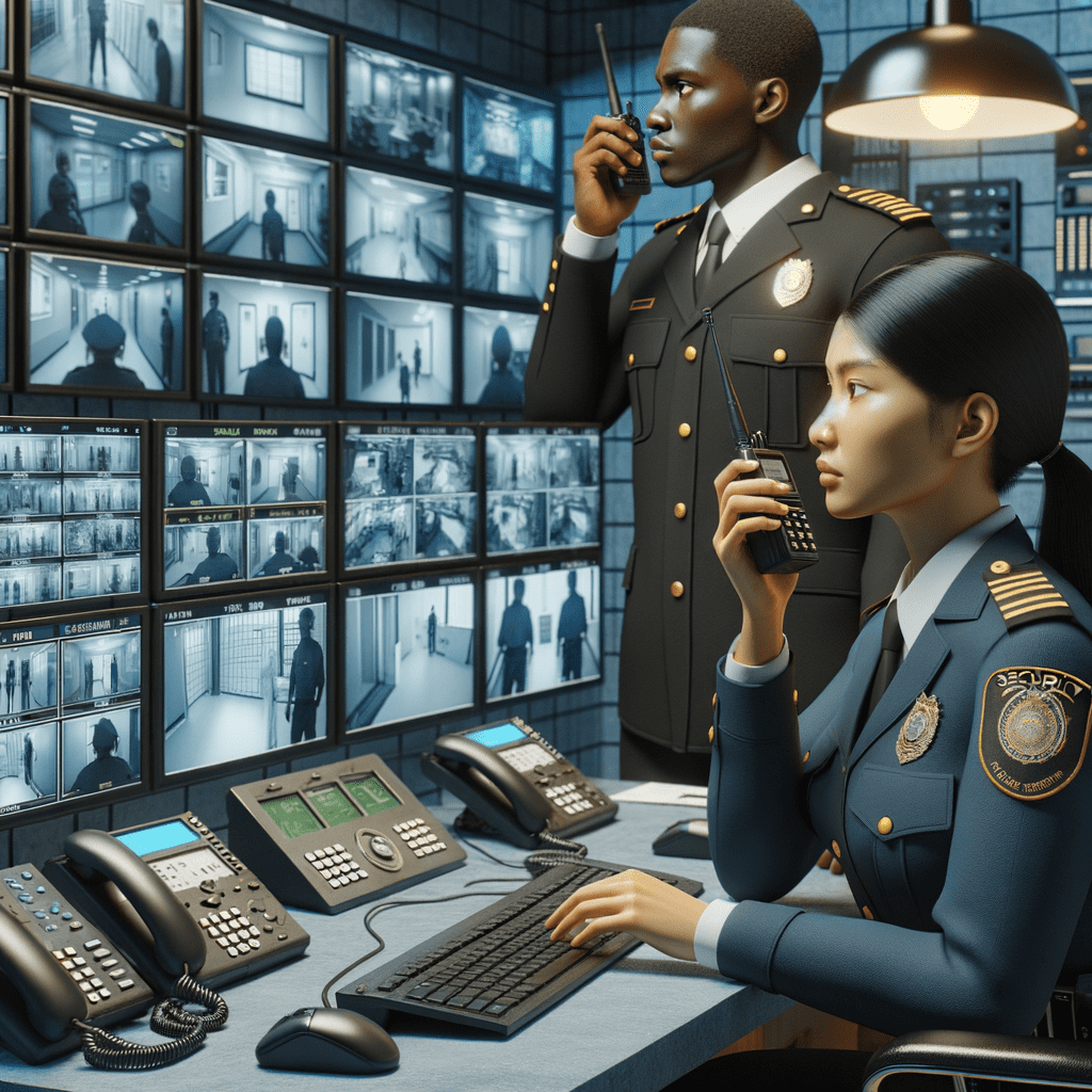 Two security personnel monitoring multiple surveillance screens in a control room.