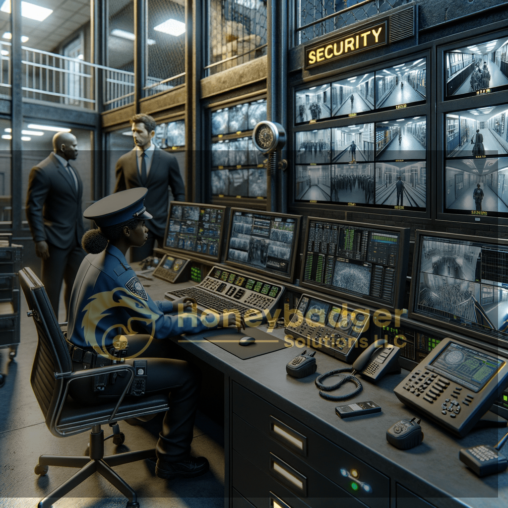 Security personnel monitoring multiple surveillance screens in a control room setting.