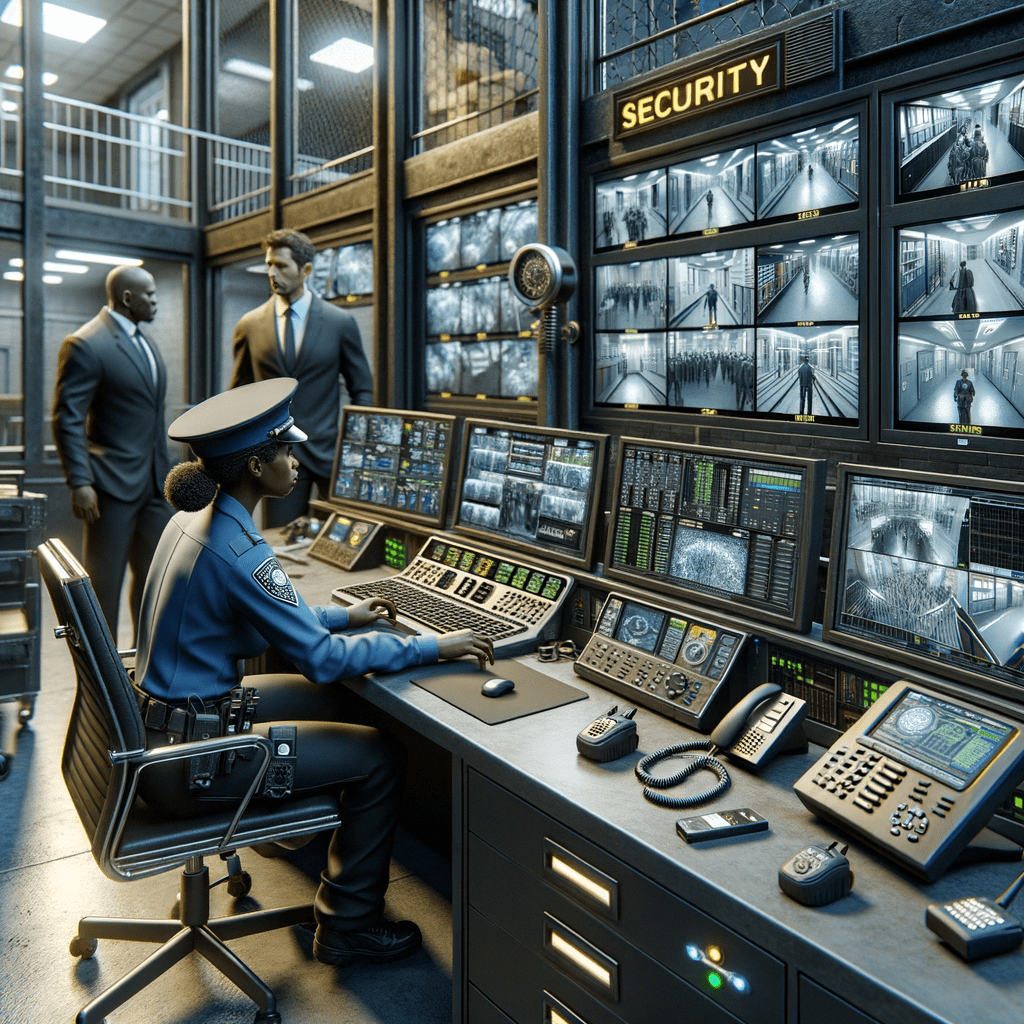 Security personnel monitoring multiple surveillance screens in a control room setting.
