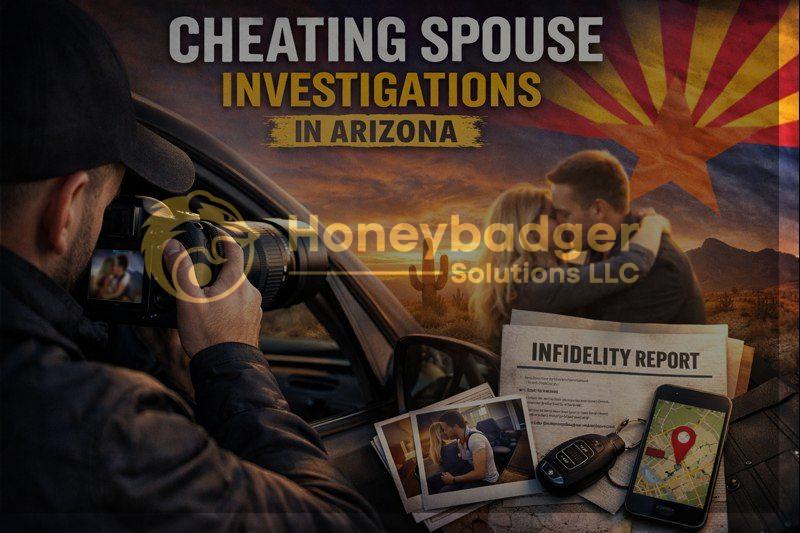 A couple embracing with a camera capturing the moment, set against an Arizona landscape with an infidelity report and phone.