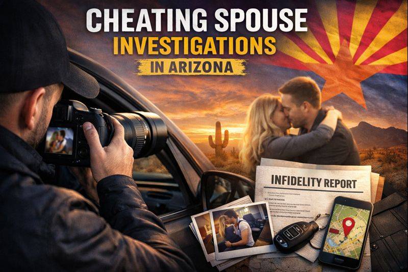 A couple embracing with a camera capturing the moment, set against an Arizona landscape with an infidelity report and phone.