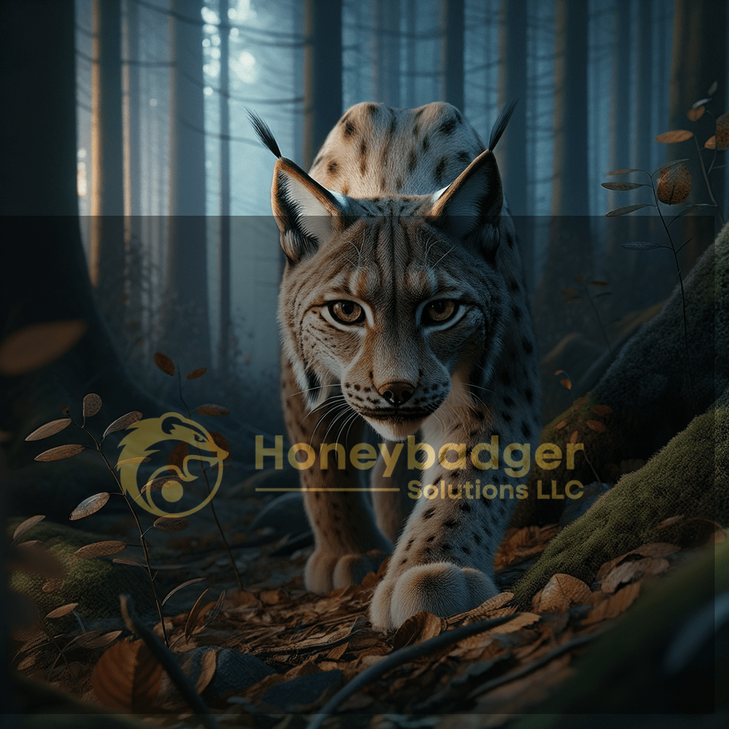 A lynx walking through a forest with trees and fallen leaves in the background.