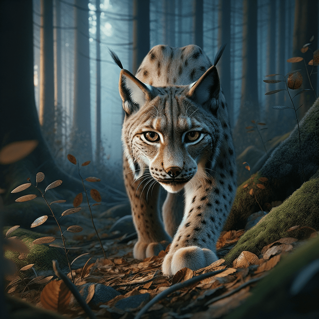 A lynx walking through a forest with trees and fallen leaves in the background.